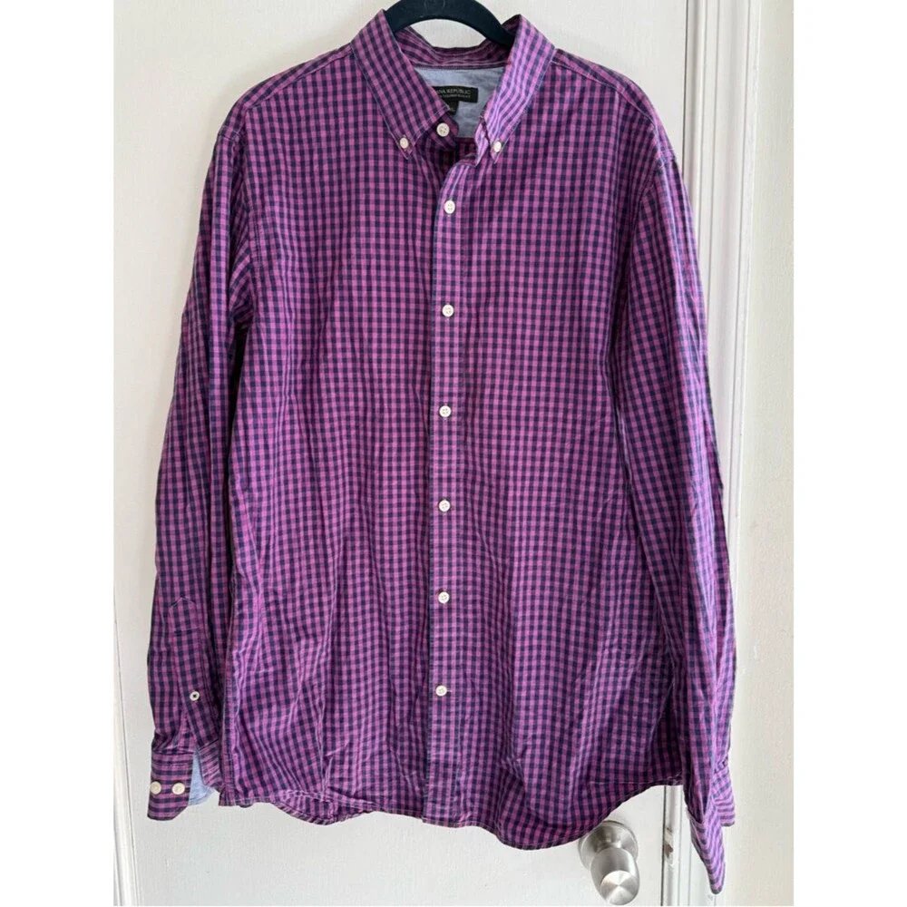 Banana Republic Purple and Black Check Button-Down Shirt Size L